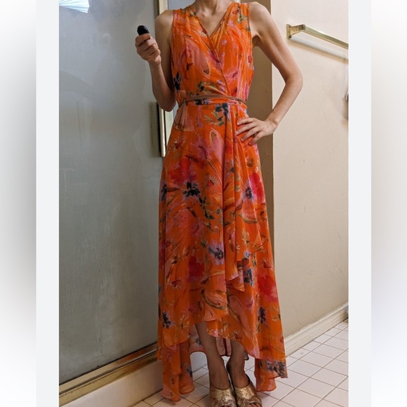 Calvin Klein Floral Orange Sleeveless High Low Maxi Dress - Picture 1 of 10